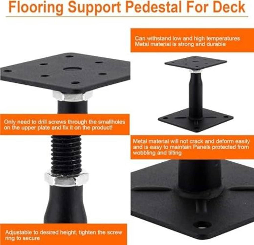 Black pedestal support jack with top plate, threaded stem, and square base
