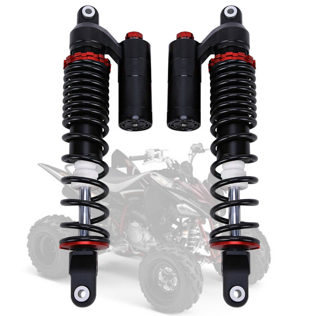 Front air shock absorbers with red adjustment rings and mounting eyes, black finish