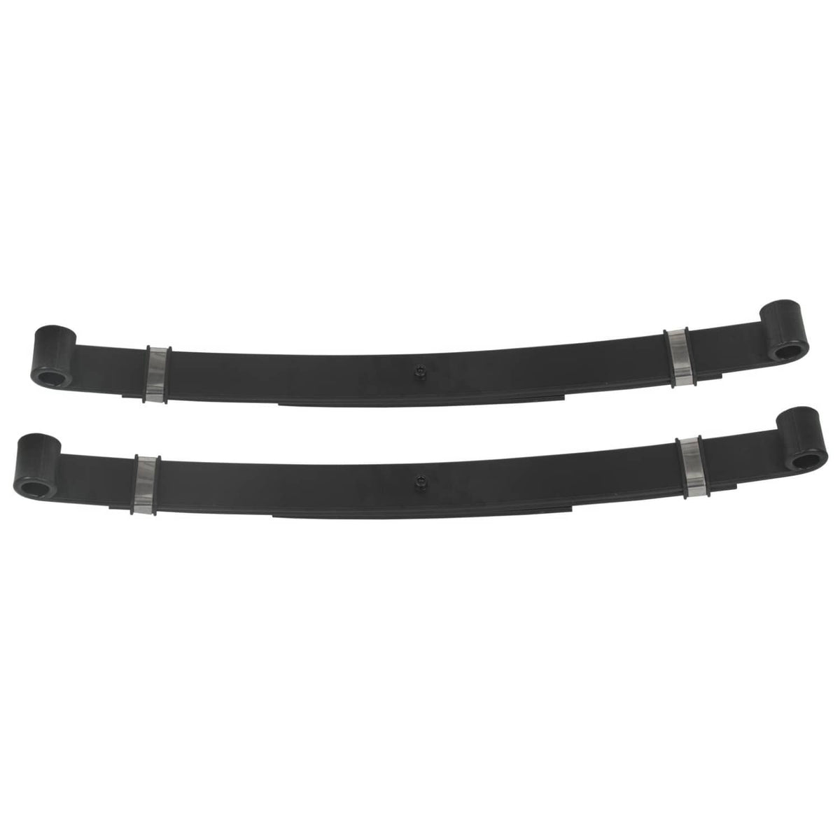 Black rear leaf springs, curved leaf bars with metal clamp straps and end bushings (2)