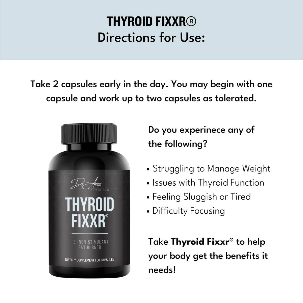 Fixxr Thyroid Fixxr supplement bottle with directions for use layout