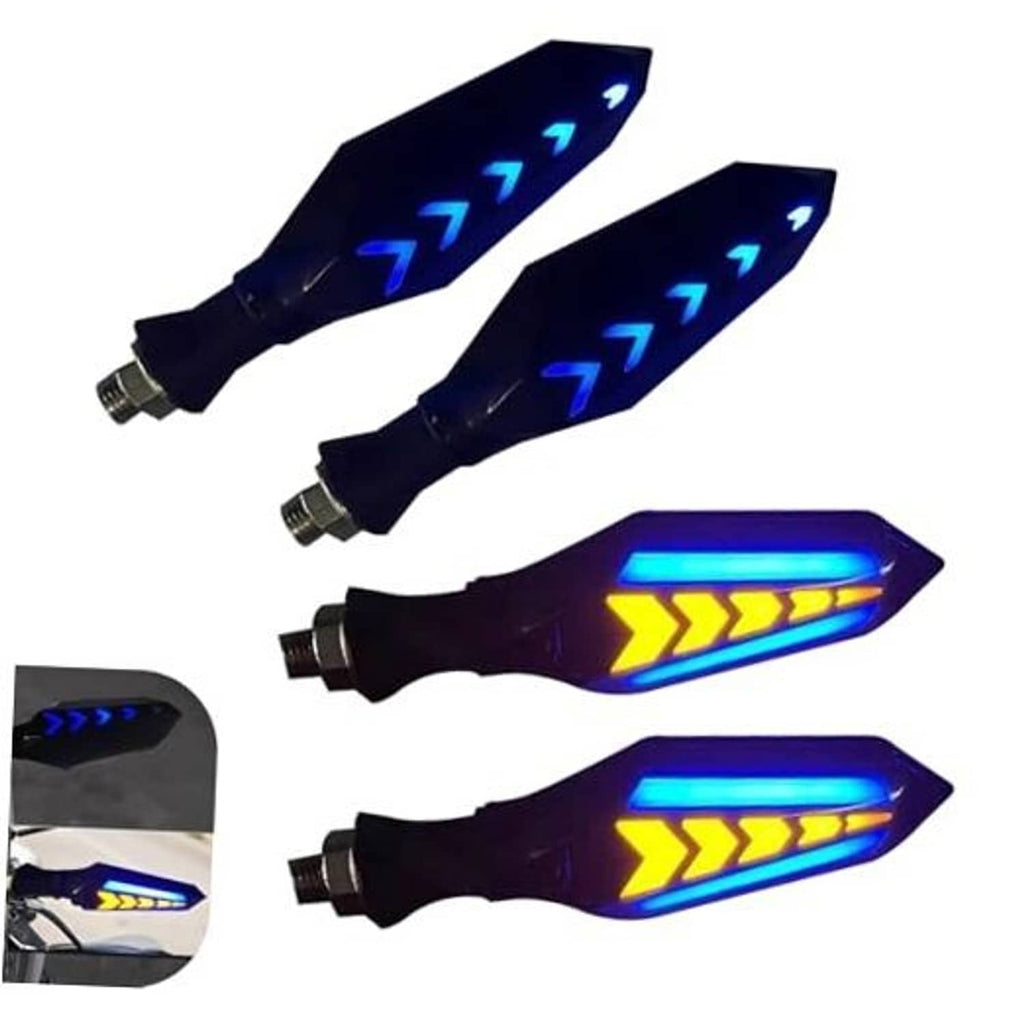 Set of 4 motorcycle LED turn indicators with black arrow housings and flowing blue/yellow light