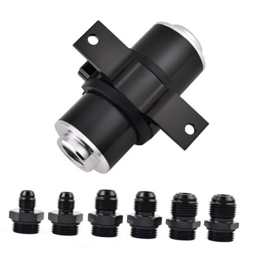 Inline fuel filter with black canister, silver threaded port, and mounting bracket