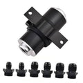 Inline fuel filter with black canister, silver threaded port, and mounting bracket