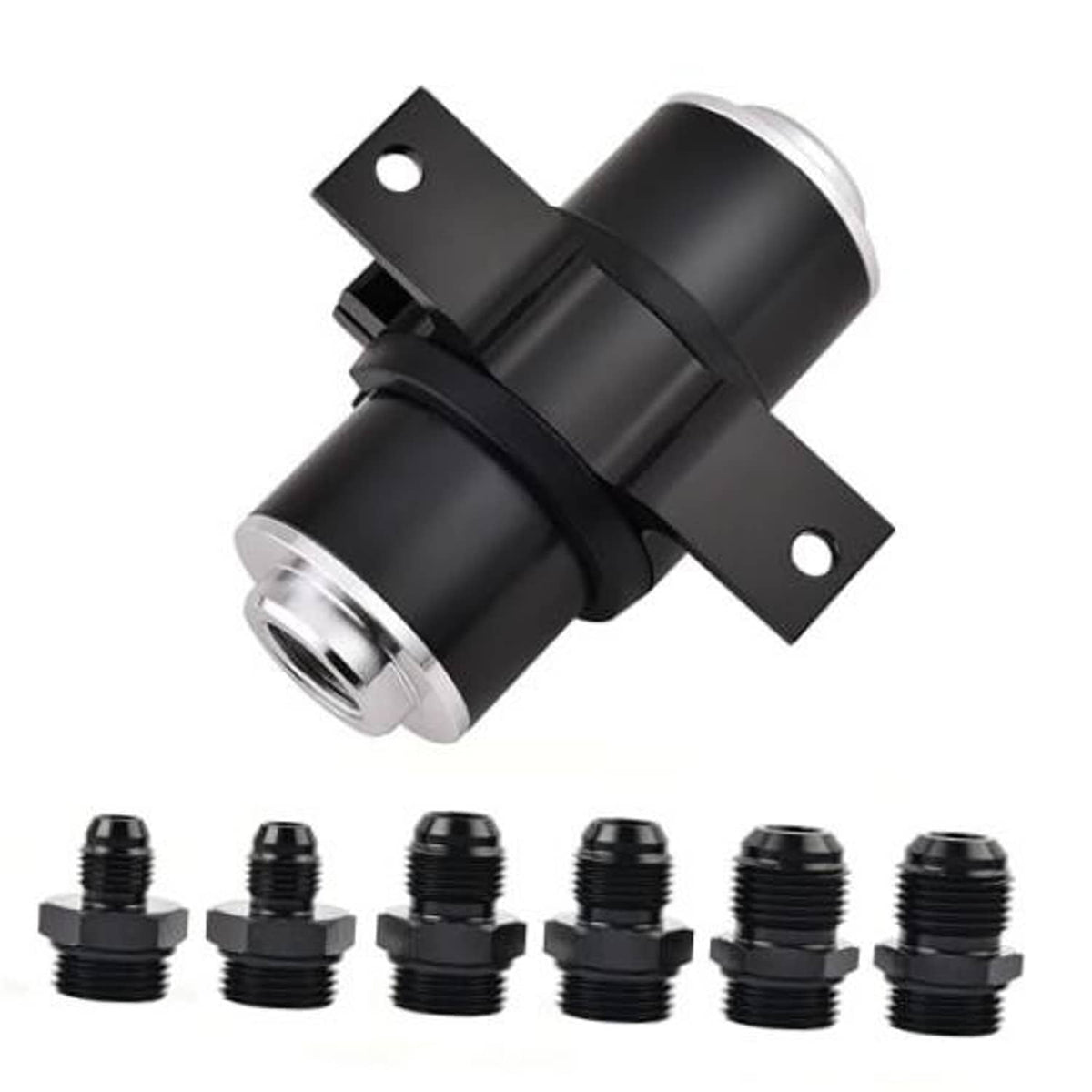Inline fuel filter with black canister, silver threaded port, and mounting bracket