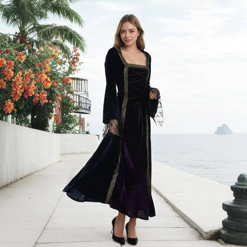 Womens medieval princess gown in dark navy and plum with hooded neckline and lace trim