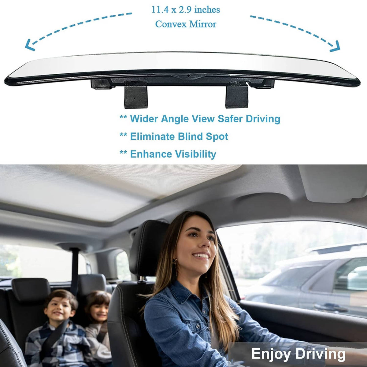 Clip-on convex rear view mirror with black frame, 11.4 x 2.9 in