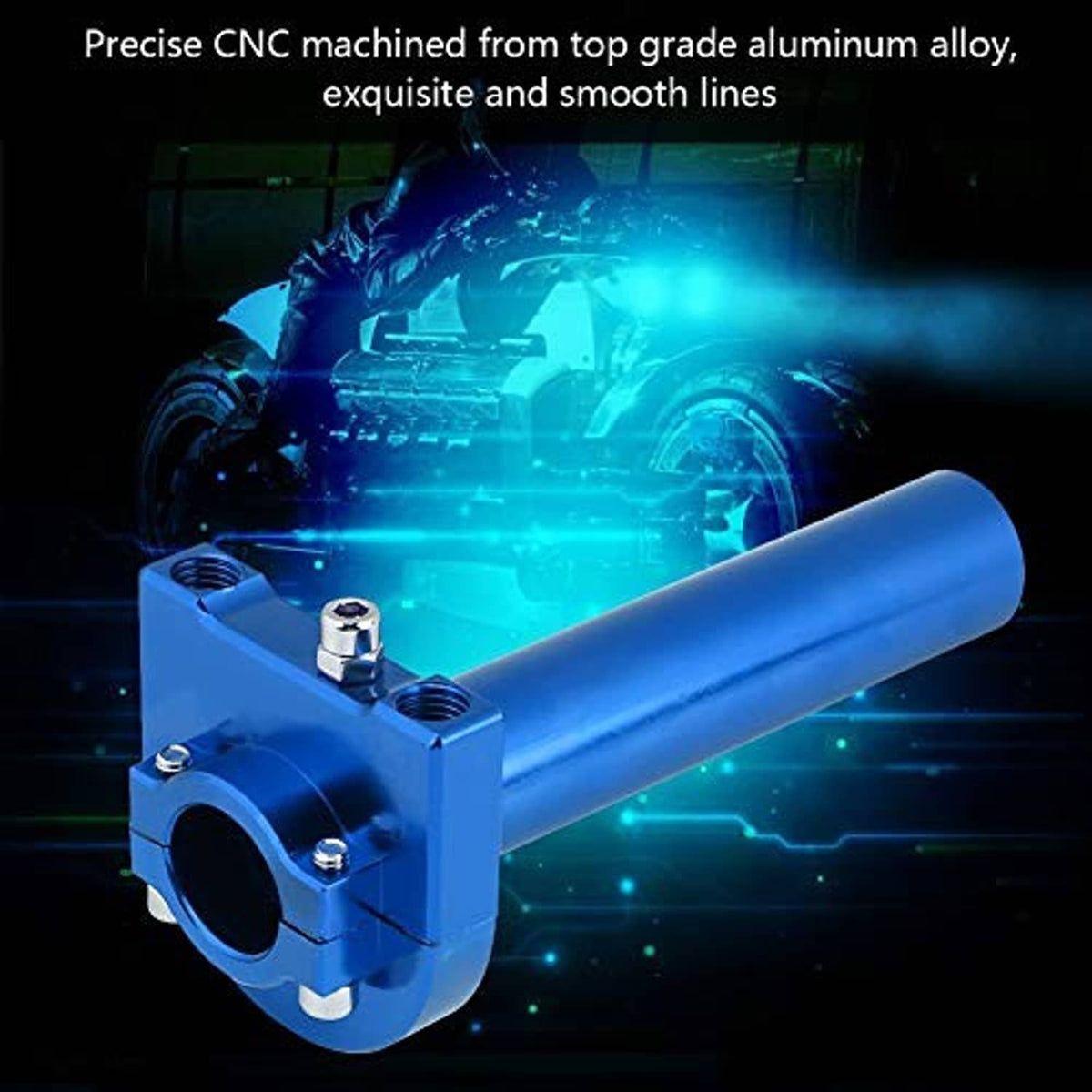 Blue aluminum motorcycle throttle tube and clamp housing for handlebar installation