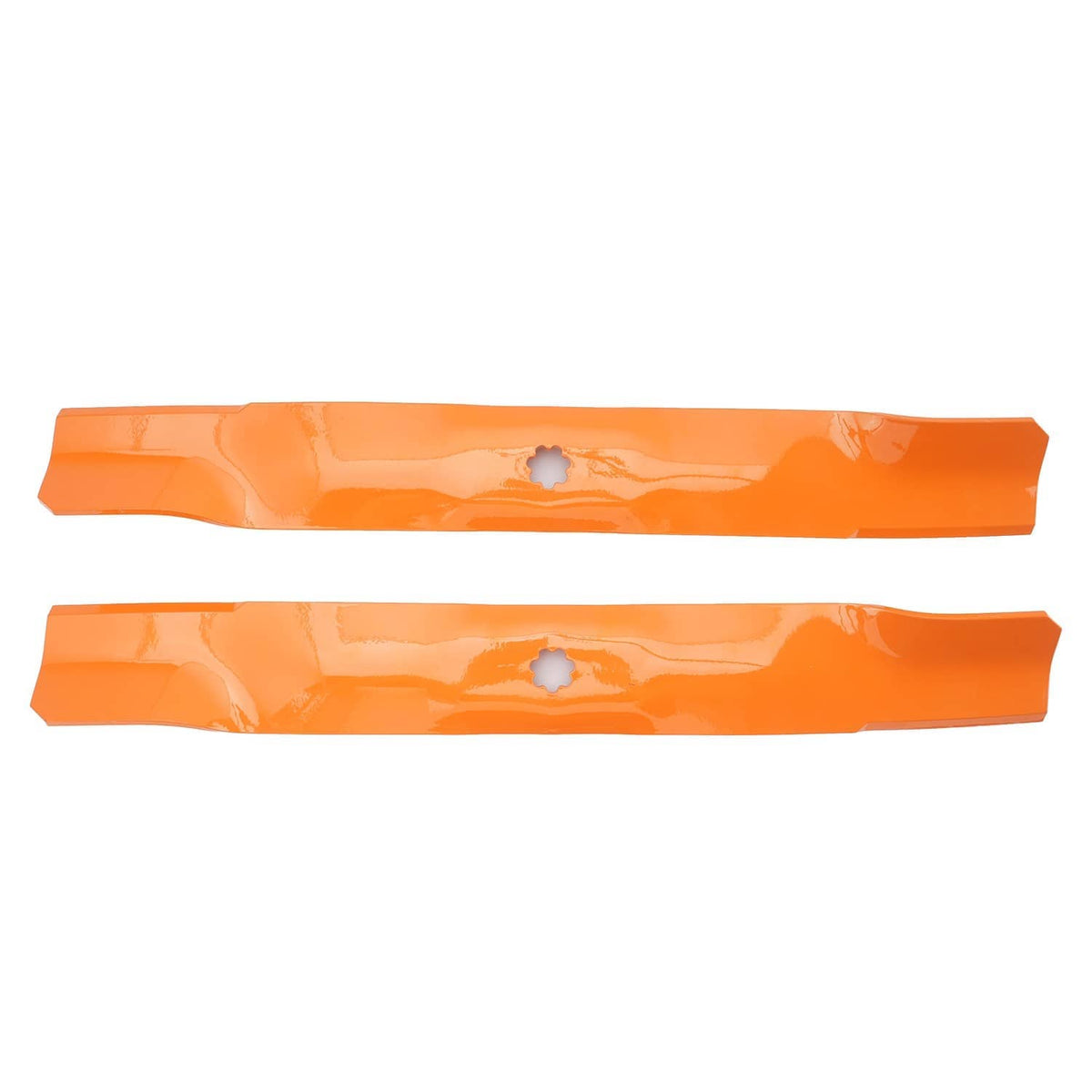 Two orange mower deck blades laid parallel, each with center mounting hole