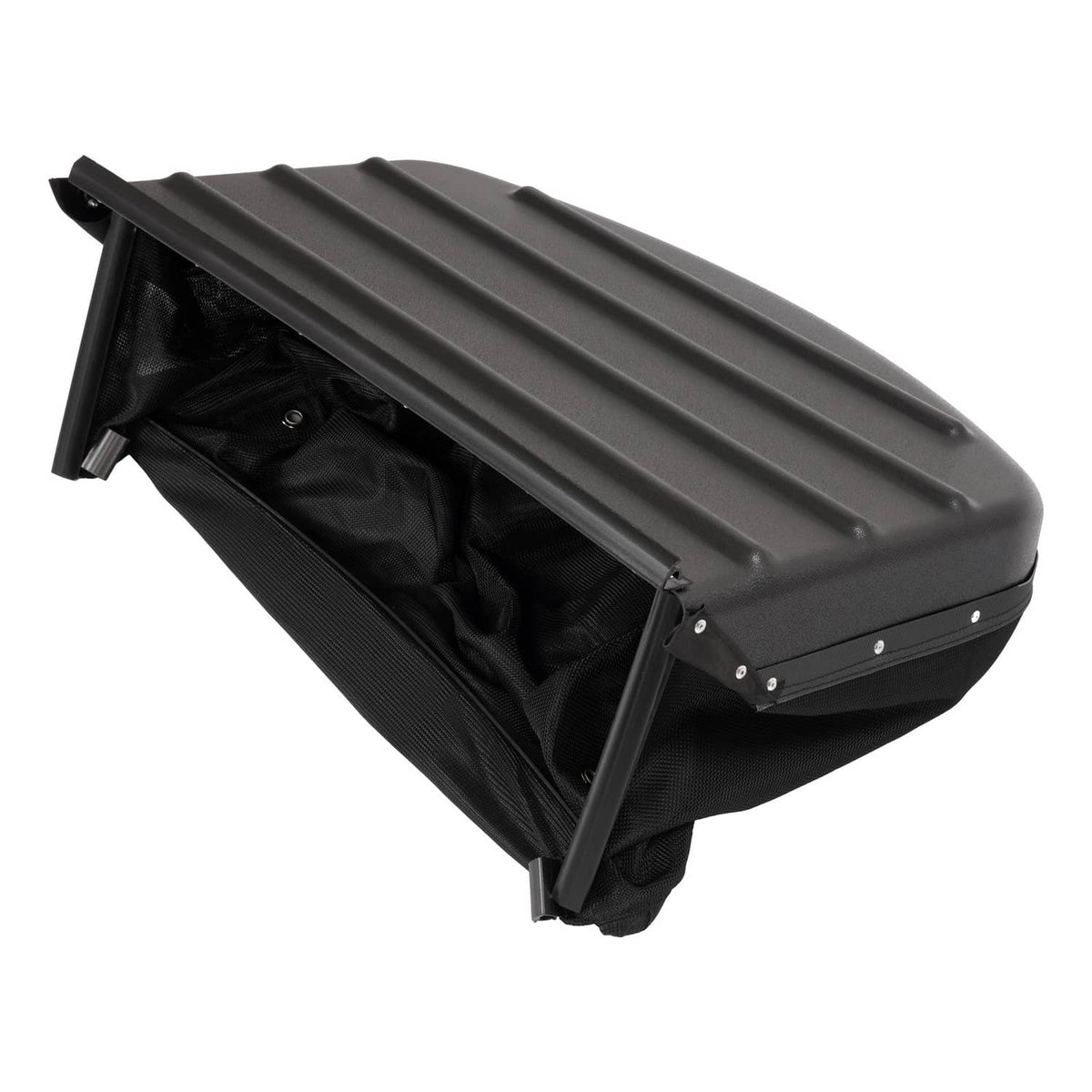 Black catcher bag with gray plastic top cover and metal frame supports