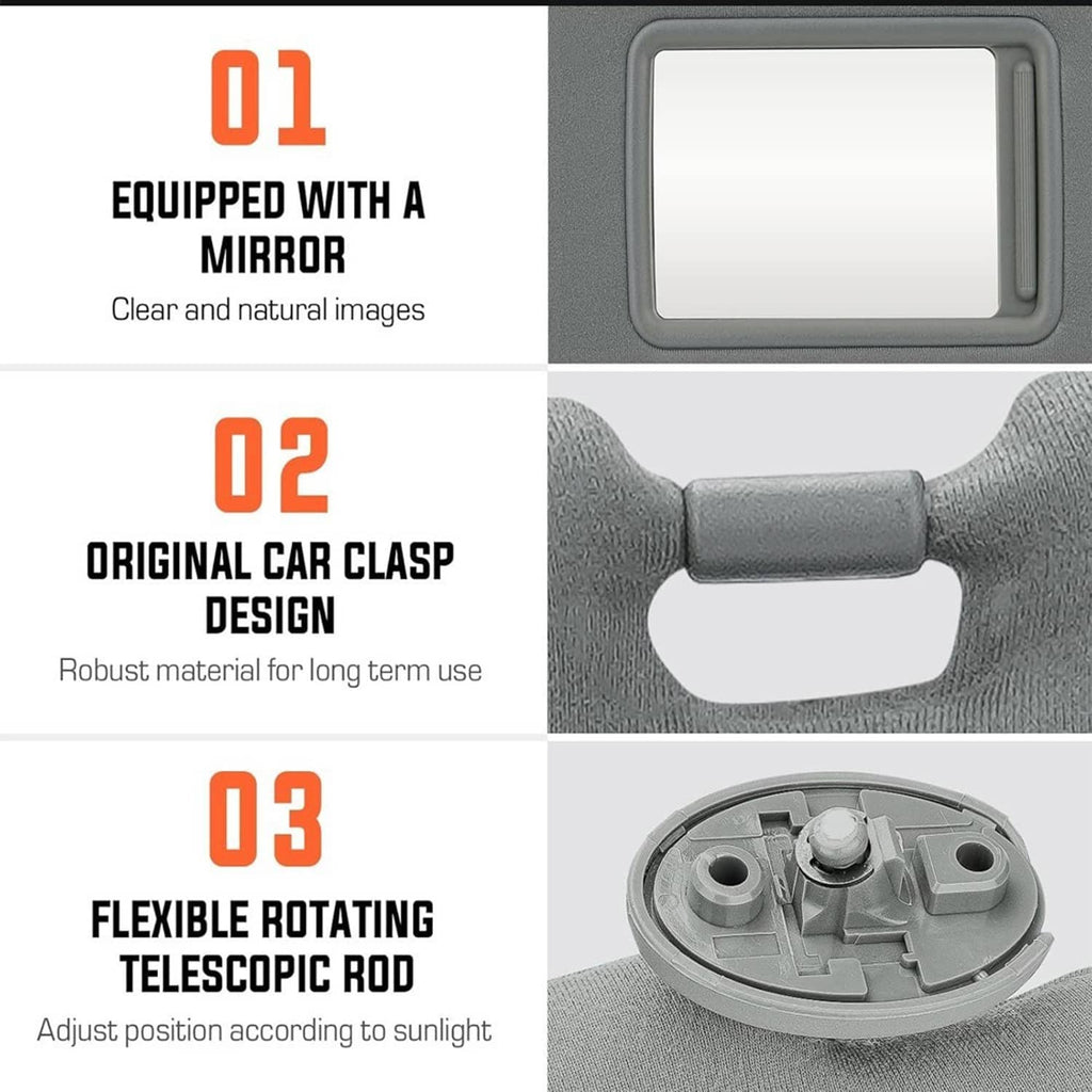 Gray sun visor with clear rectangular mirror opening, original clasp and rotating rod.