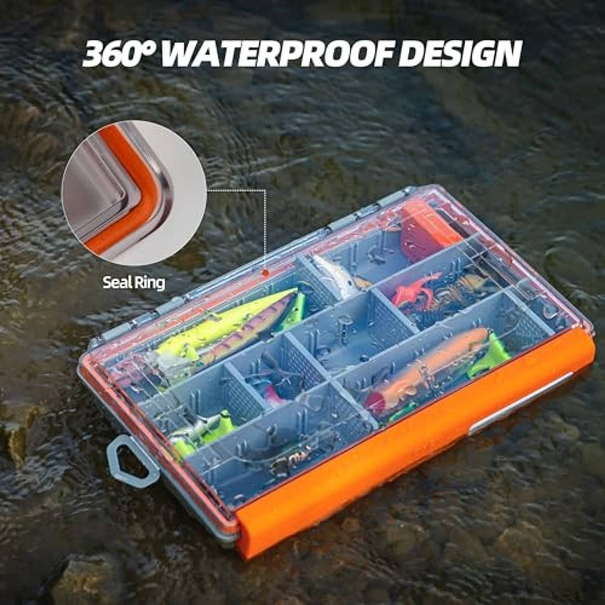 Orange waterproof tackle box floating with clear lid over gray tackle tray