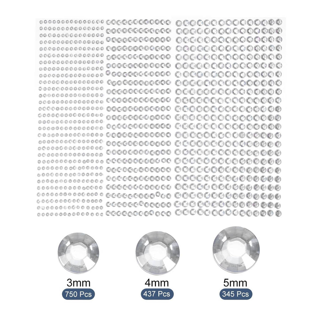 Silver rhinestone sticker sheets with 3mm, 4mm, and 5mm round stones counts
