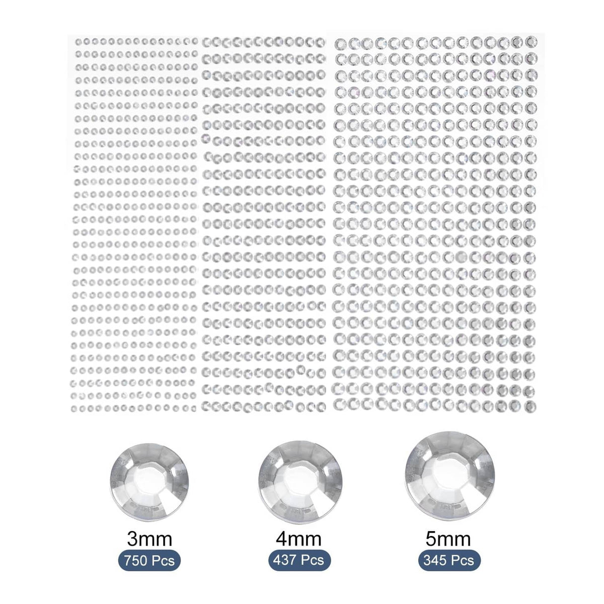 Silver rhinestone sticker sheets with 3mm, 4mm, and 5mm round stones counts