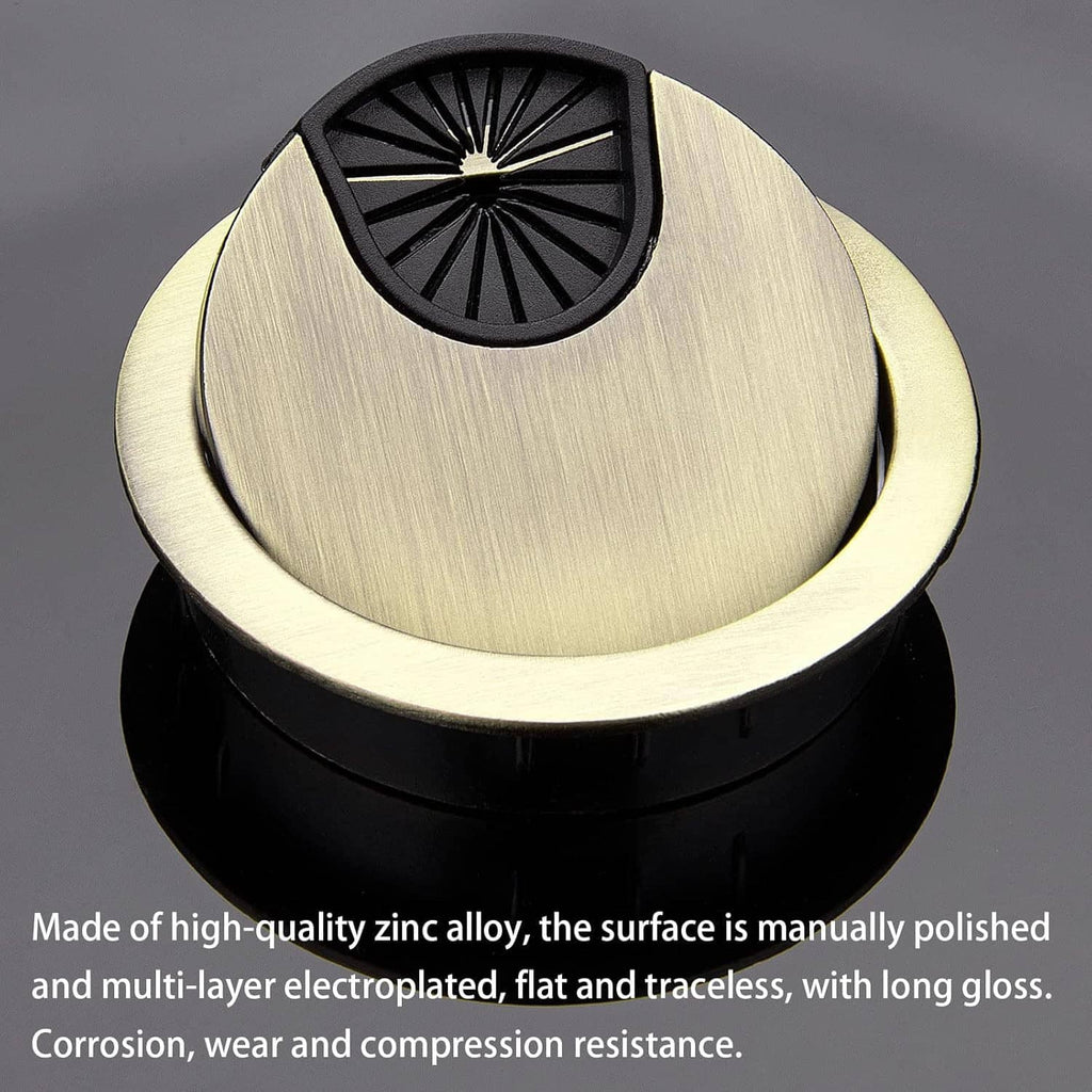 Angled bronze desk grommet with black radial insert cover for wire management