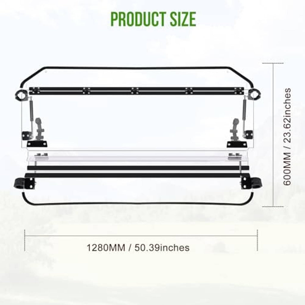 UTV windshield size diagram with clear panel and mounting brackets