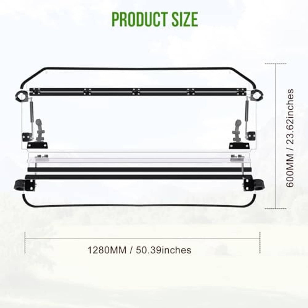UTV windshield size diagram with clear panel and mounting brackets