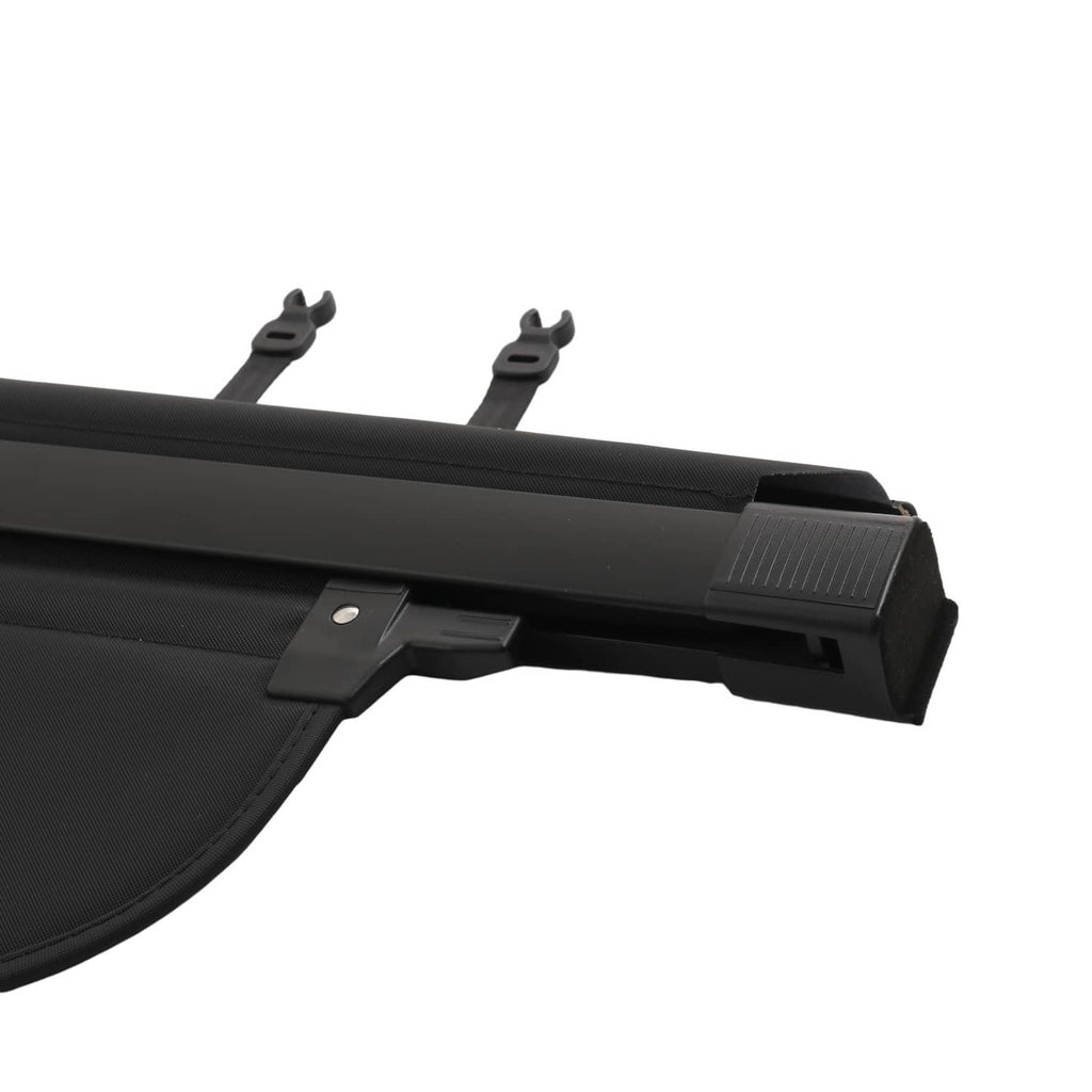 Black trunk cargo cover end with latch tab and textured edge