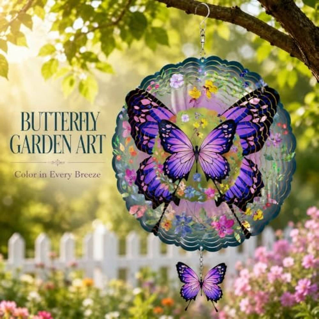 Purple butterfly wind spinner hanging from a branch with layered multicolor metal petals
