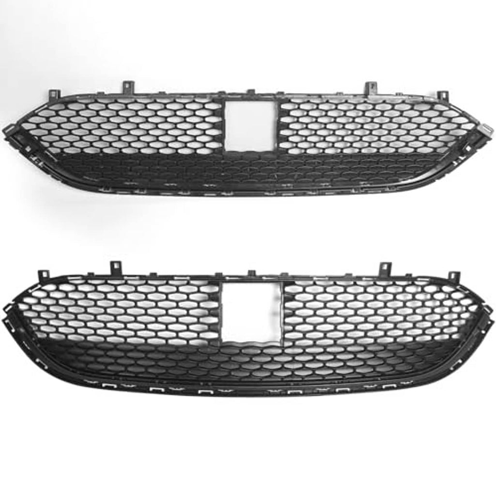 Front lower bumper grille replacement, black honeycomb pattern with silver center panel.