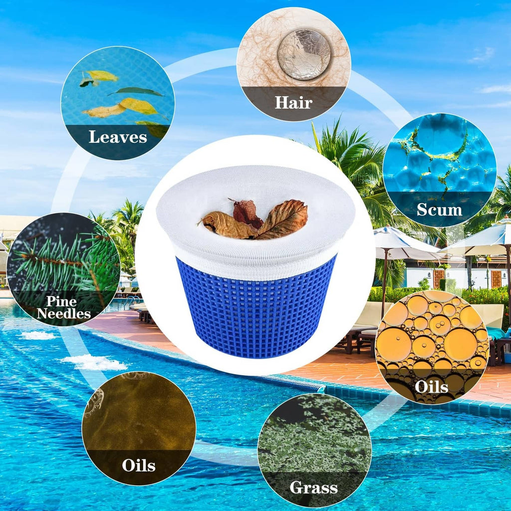 Blue pool skimmer sock filter basket with white top and debris inside