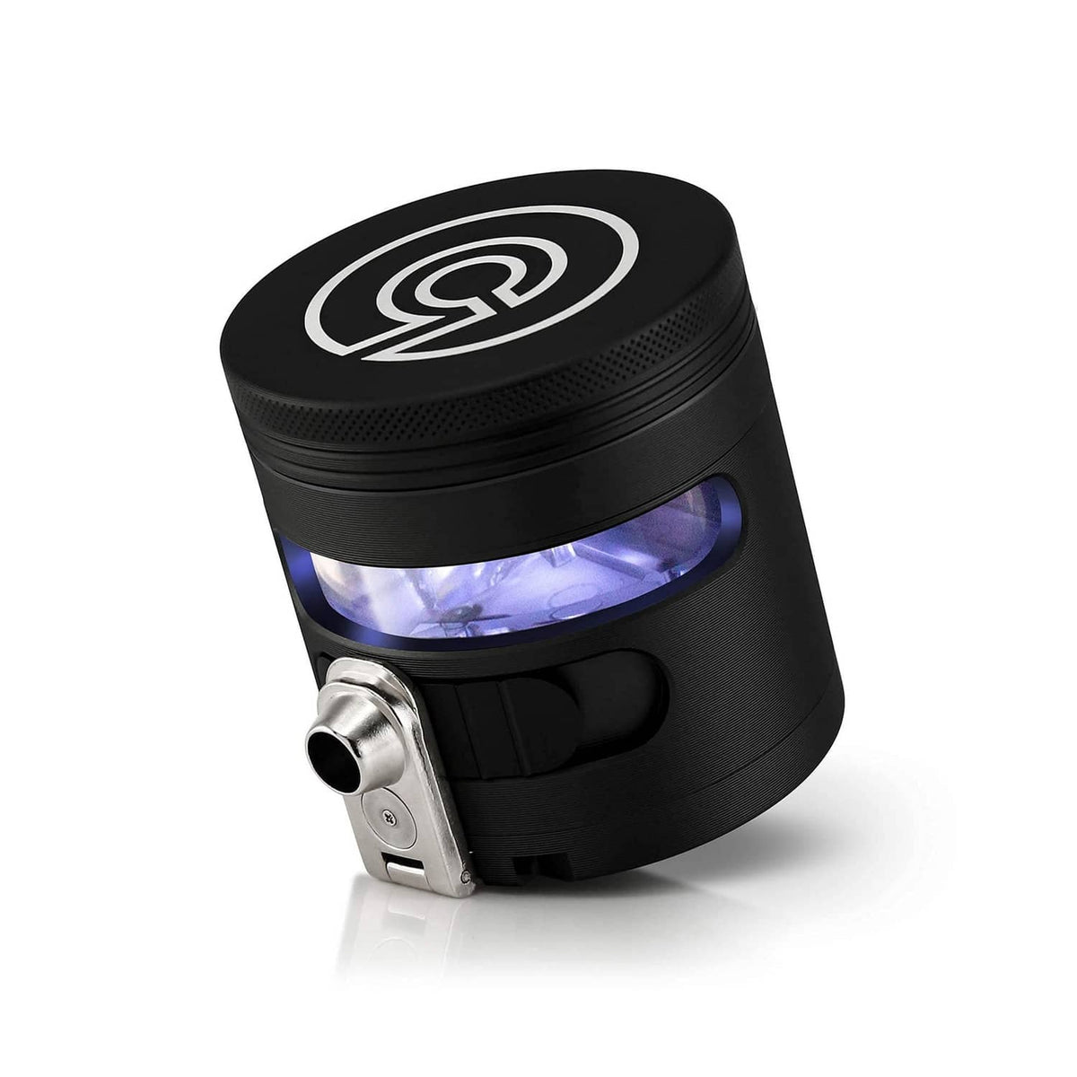 Black automatic grinder dispenser angled with glowing purple LED window and side metal chute