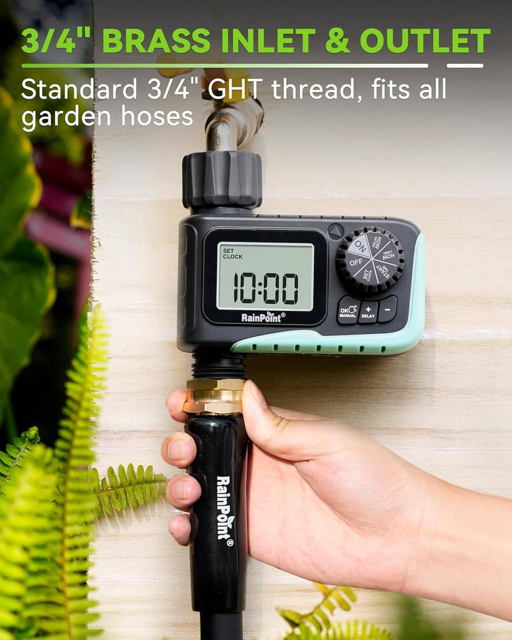 Sprinkler timer with 3/4 inch brass inlet and dial, hand holding the hose connection