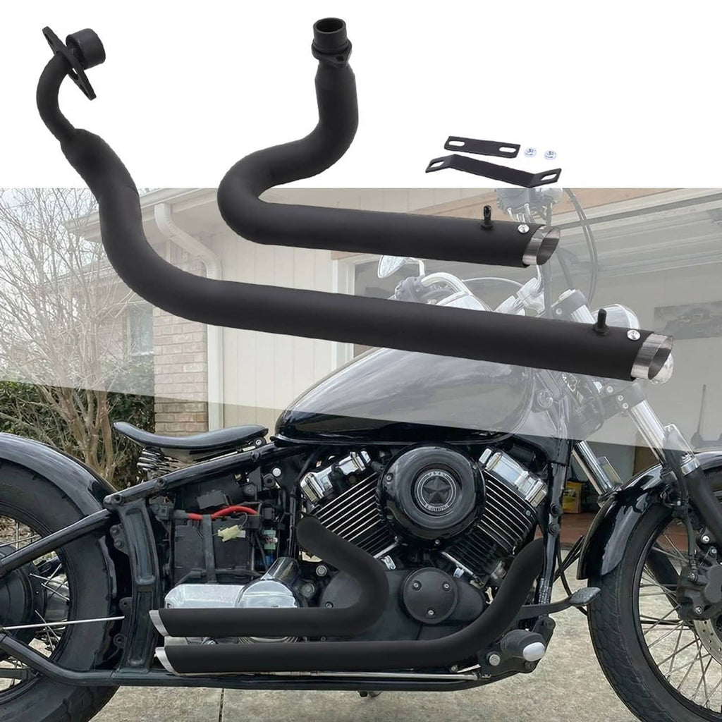 Black motorcycle exhaust pipe system with two-silencer mufflers installed on a V-twin bike.