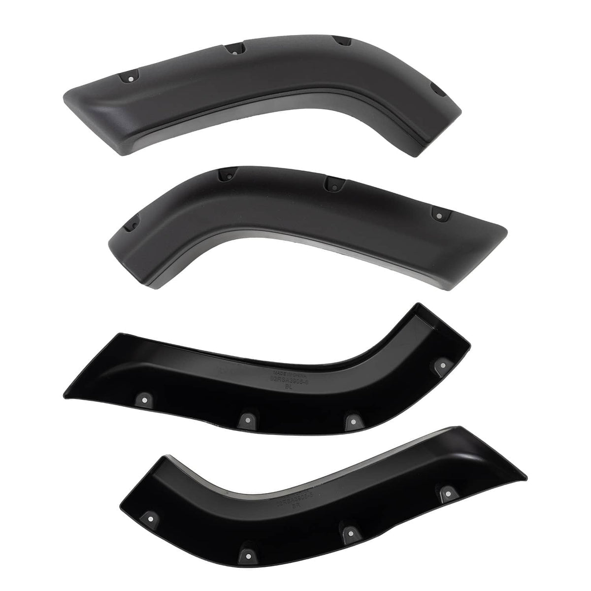 Black fender flare set with curved wheel-arch guards, includes hardware holes