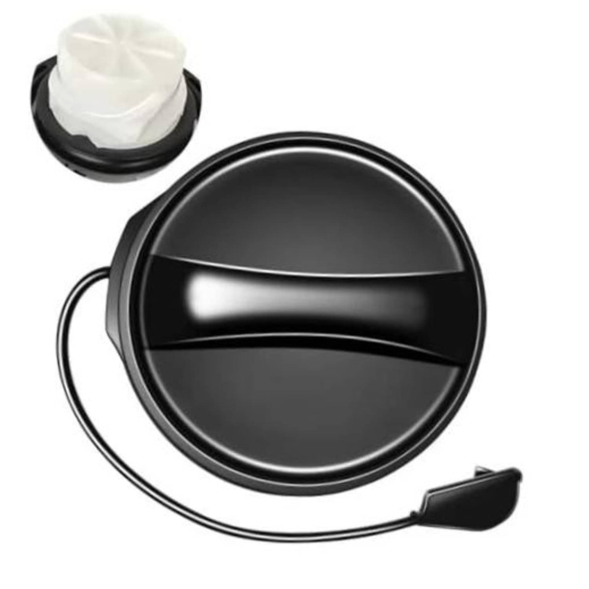 Round black fuel cap with attached tether cable and separate white cap piece