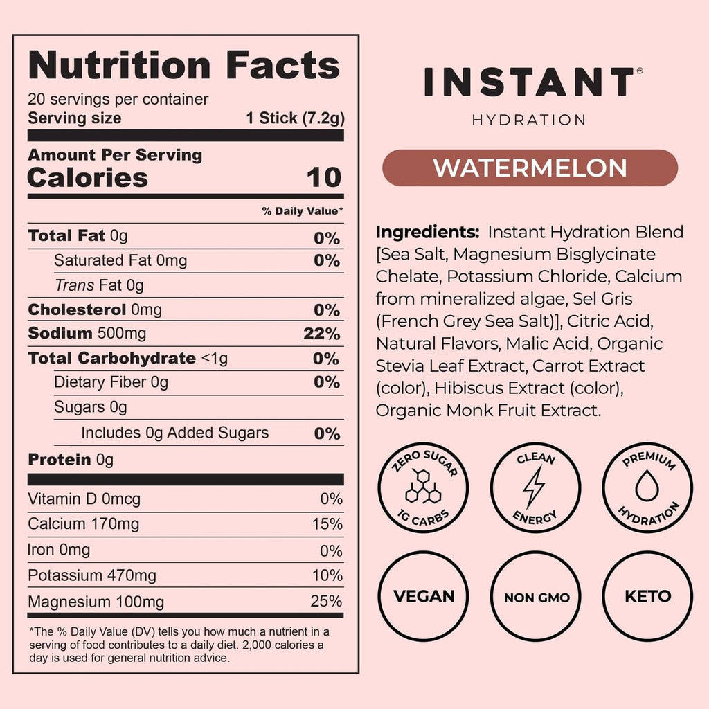 Instant Hydration watermelon electrolyte mix nutrition facts and ingredients label
