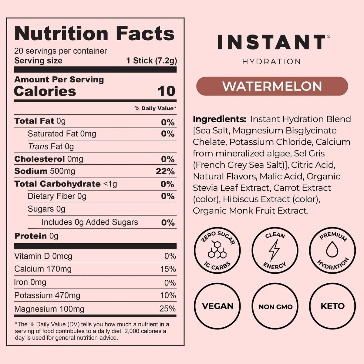 Instant Hydration watermelon electrolyte mix nutrition facts and ingredients label