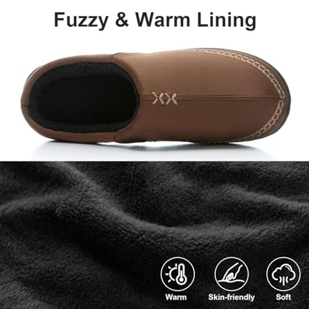 Coffee-brown slip-on moccasin slipper with fuzzy black lining and stitched upper trim