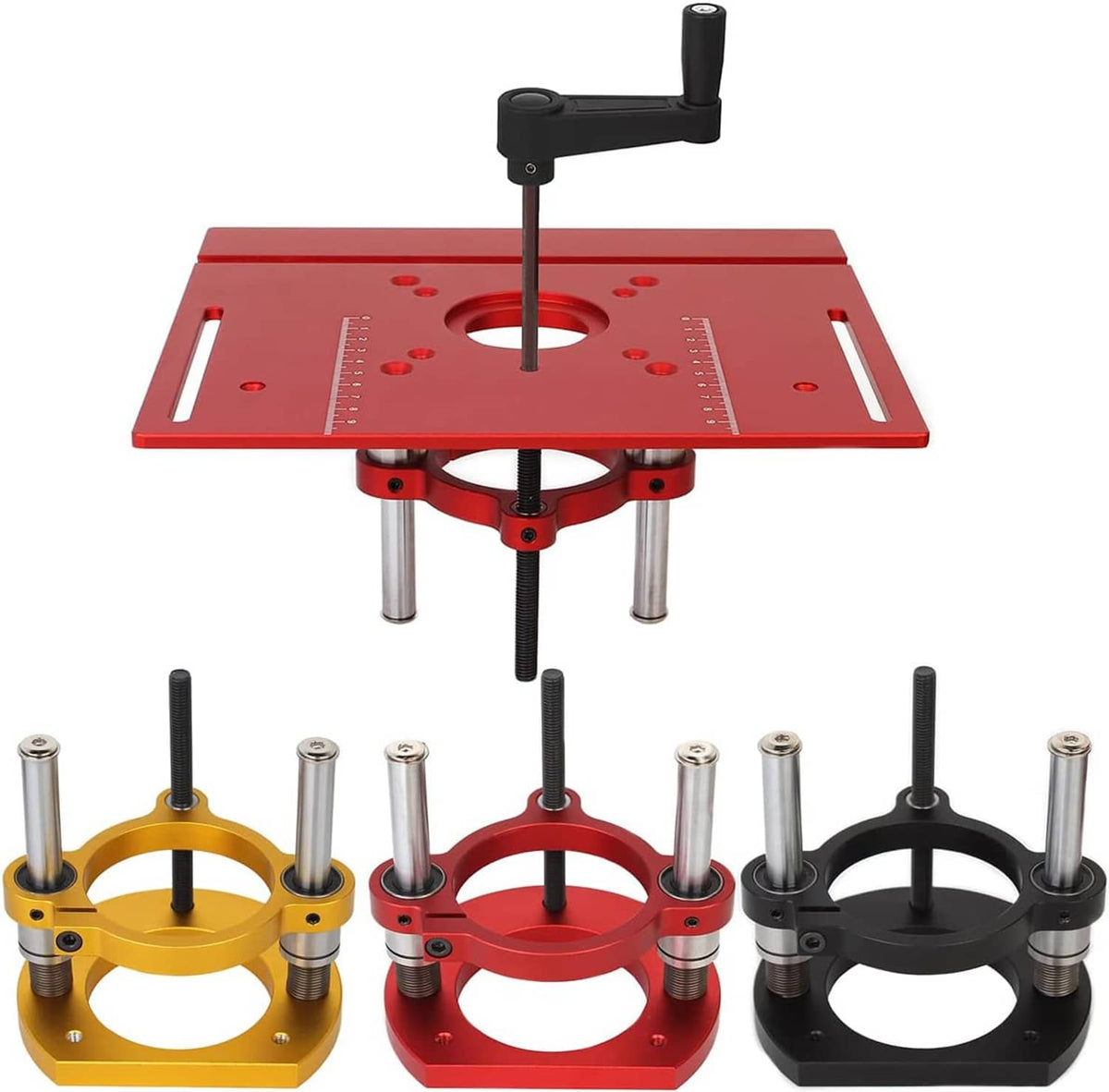 Router lift jig with red mounting plate, center spindle, and multiple support posts