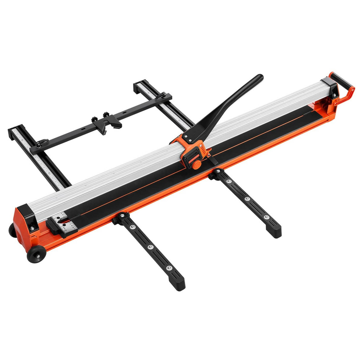 Manual tile cutter with long white base and orange-black frame, sliding scoring head