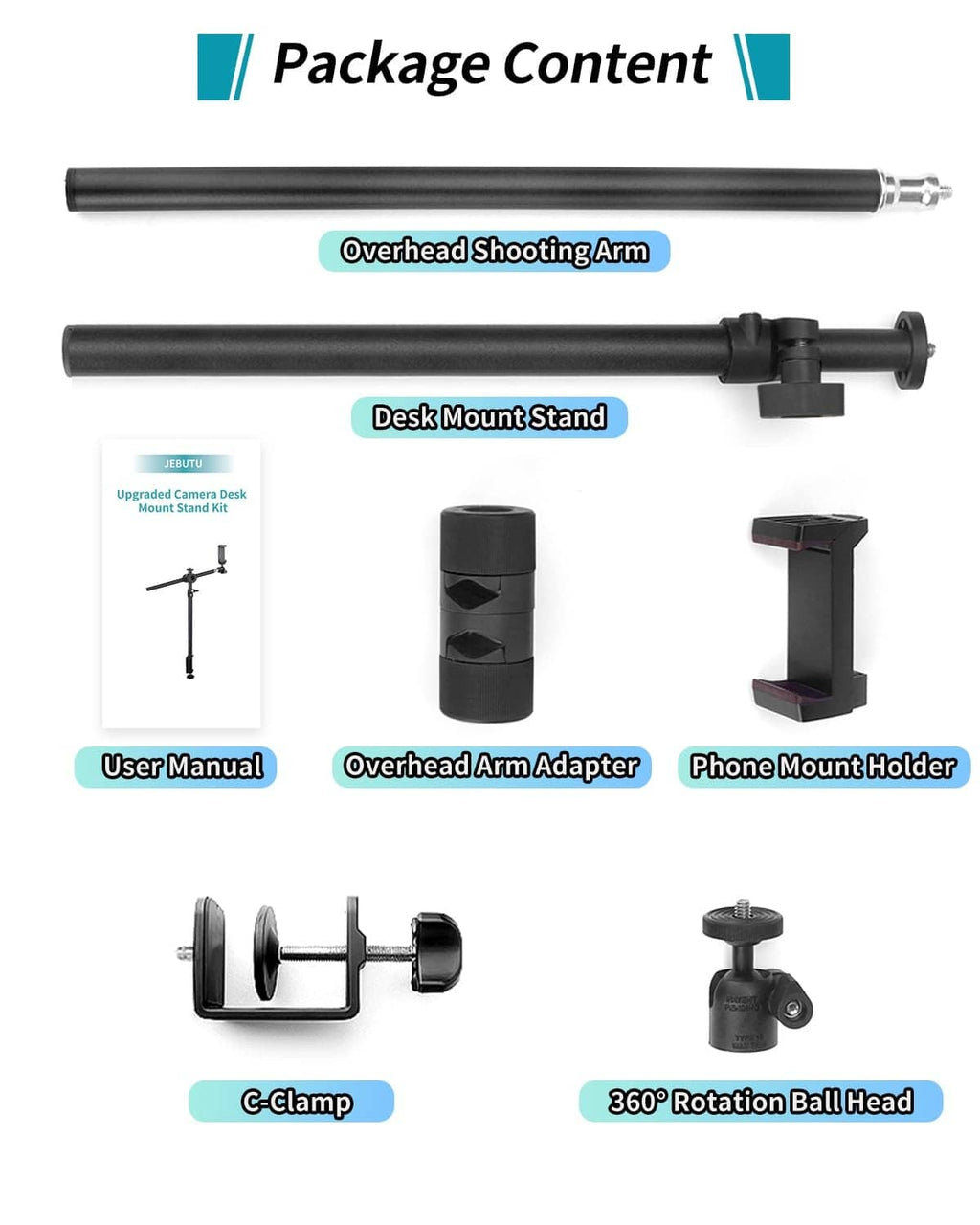 Overhead camera mount package contents: shooting arm, desk stand, adapters, C-clamp.