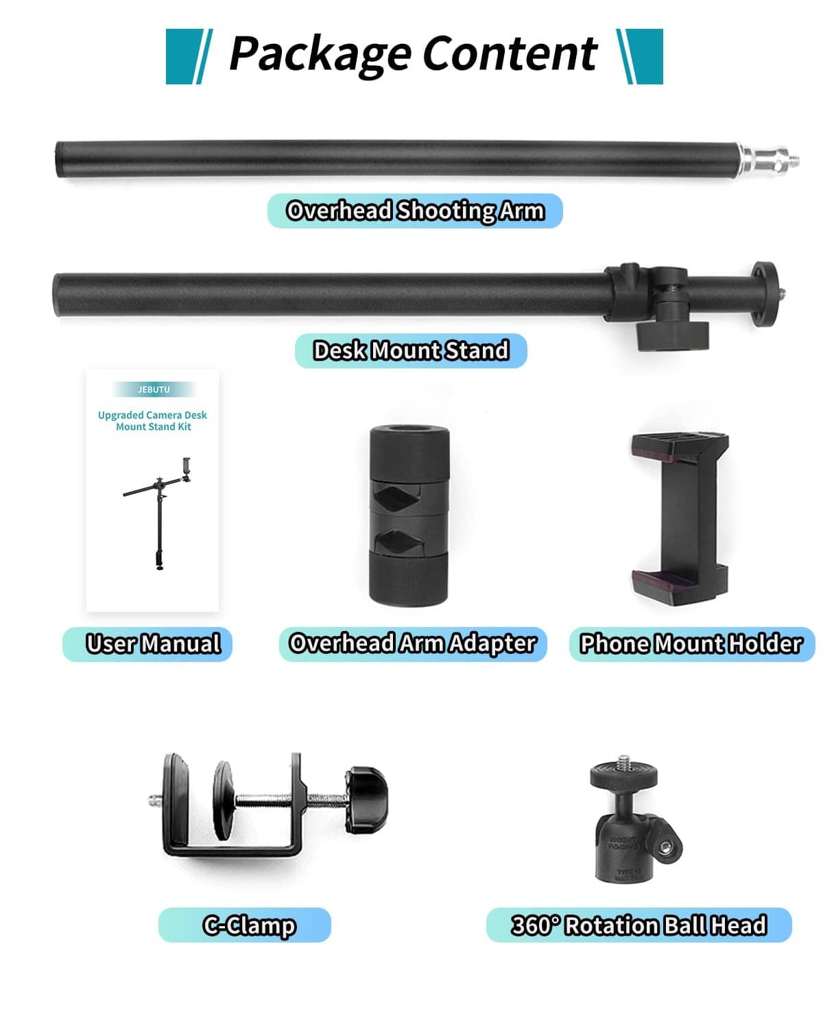 Overhead camera mount package contents: shooting arm, desk stand, adapters, C-clamp.