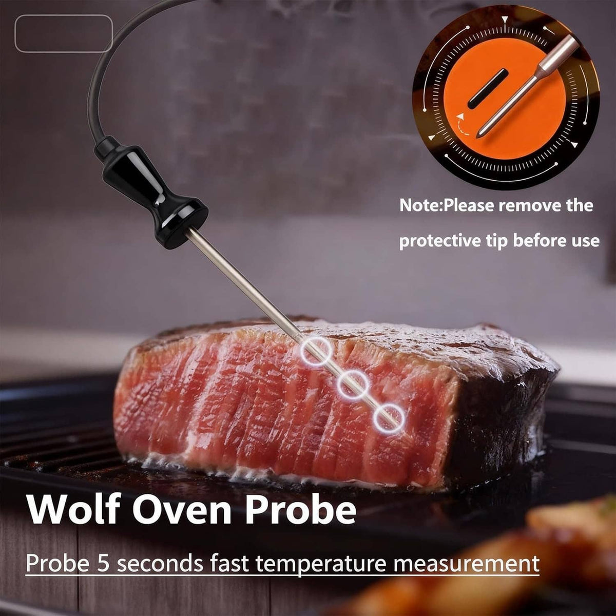 Wolf oven temperature probe inserted into meat, stainless tip with black cable