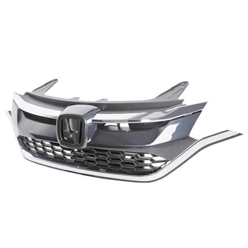 Front bumper grille with silver trim, black mesh, and central emblem opening