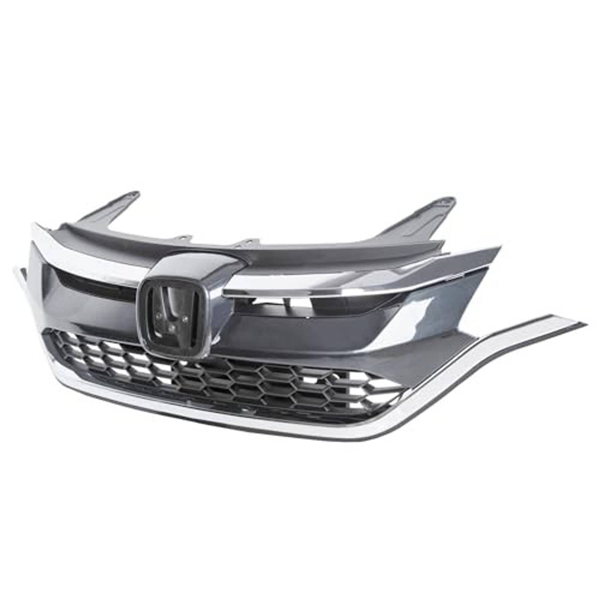 Front bumper grille with silver trim, black mesh, and central emblem opening