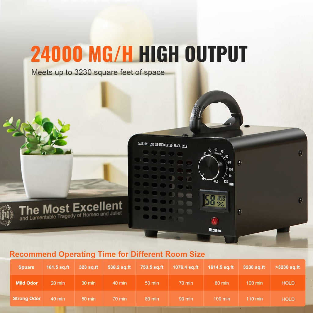 Black ozone generator machine with handle, vent grille, timer dial, and digital screen