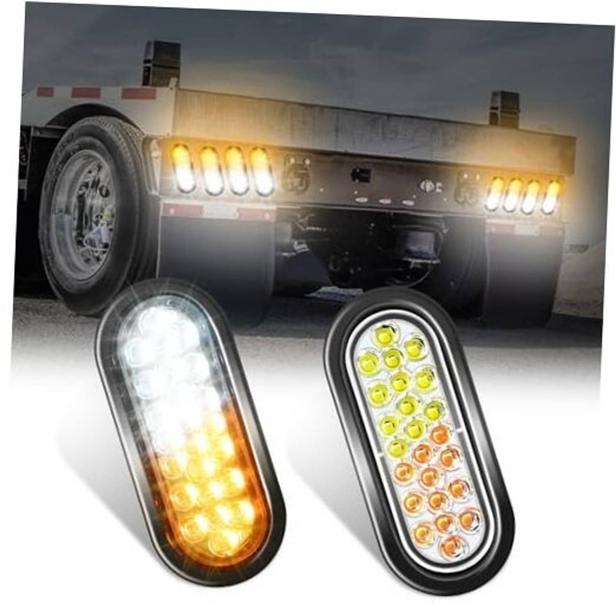 Oval LED strobe trailer lights, amber and white glow, two recessed units with black trim