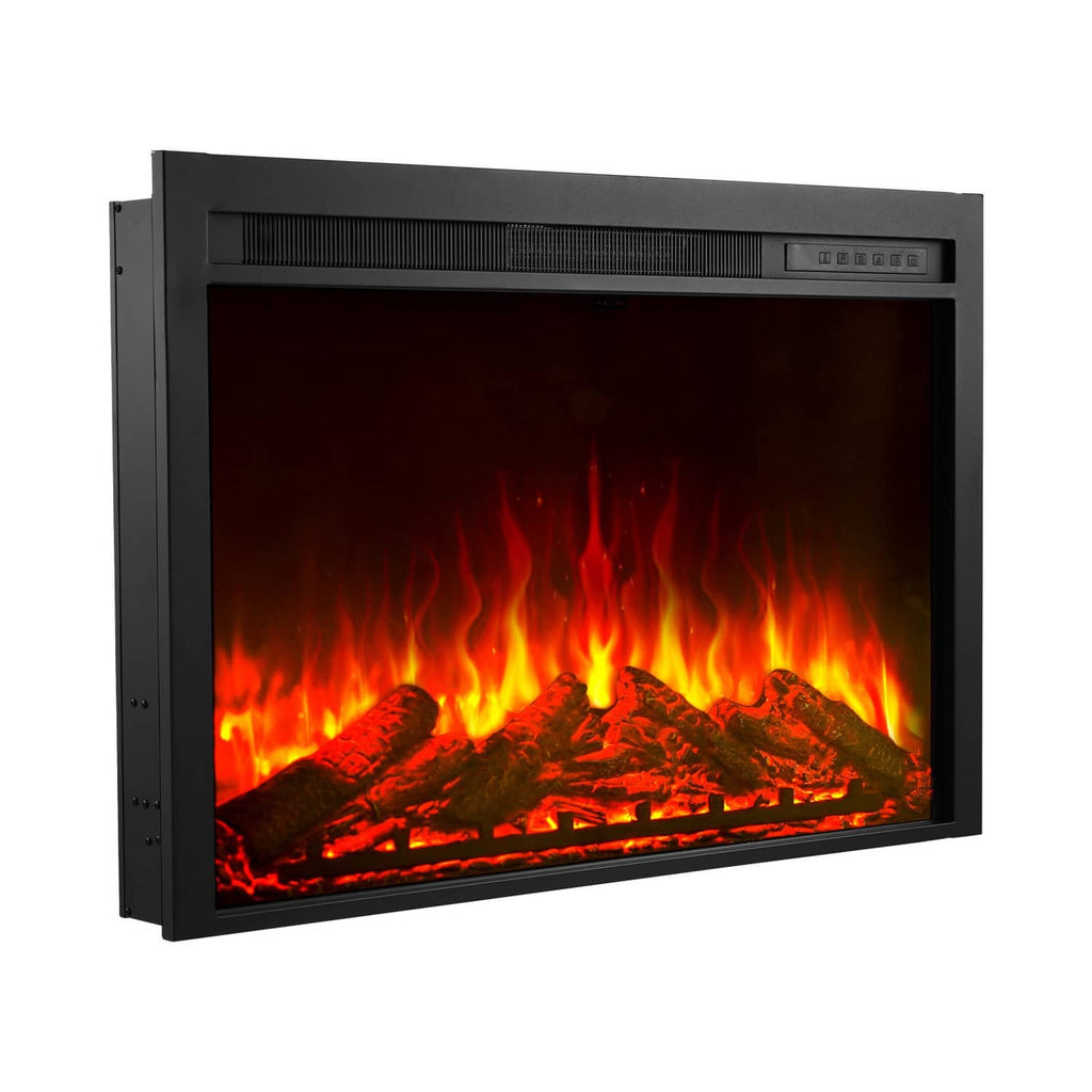 Black electric fireplace insert with flame display and front glass panel
