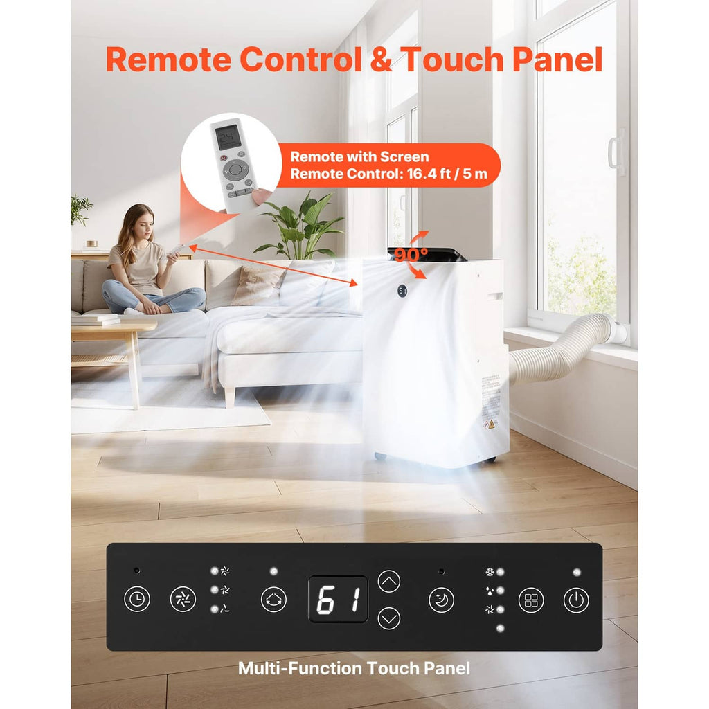 Portable air conditioner heater combo, white front with LED touch panel and included remote