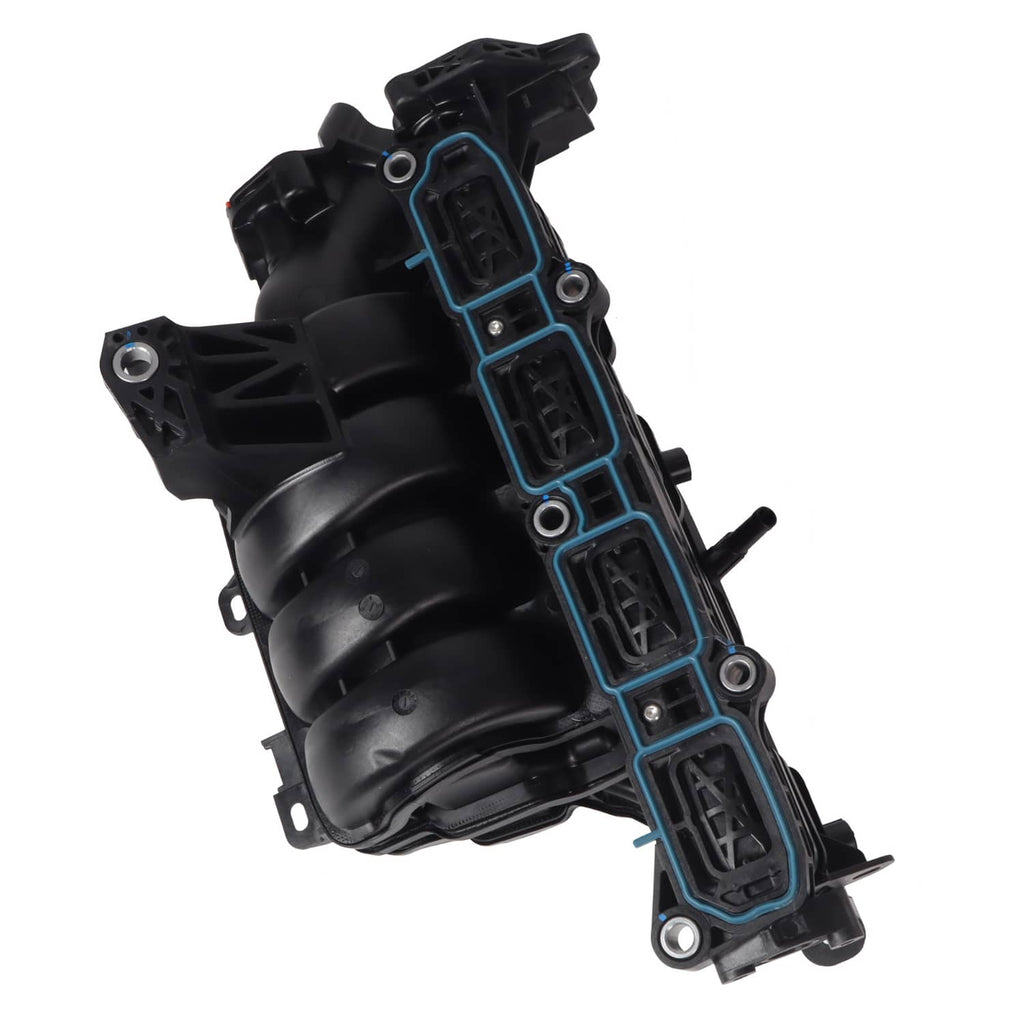 Black air intake manifold with blue connector frame and mounting screw points
