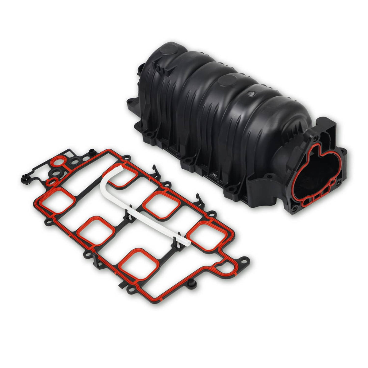 Black intake manifold with gasket set, plus red gasket outlines and port openings