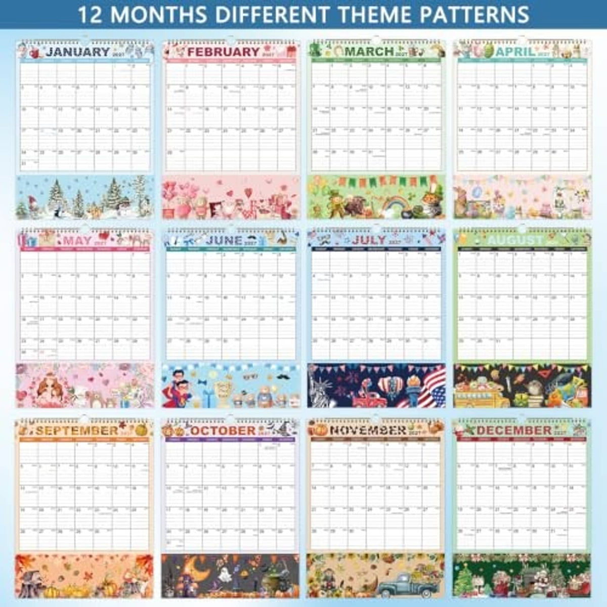 2027 pocket calendar showing 12 themed monthly panels in a grid layout
