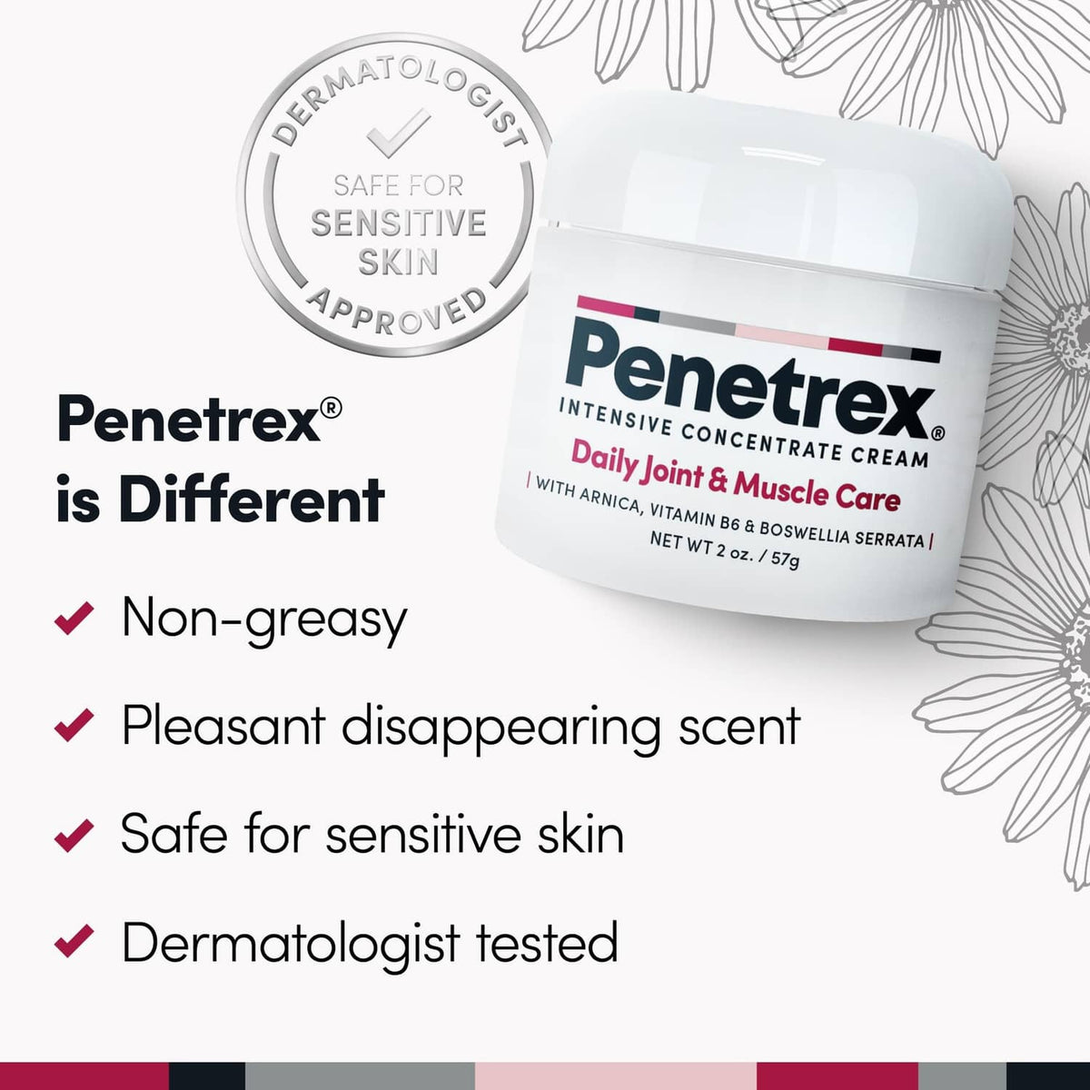 White cream jar with dermatology badge and non-greasy care bullet points