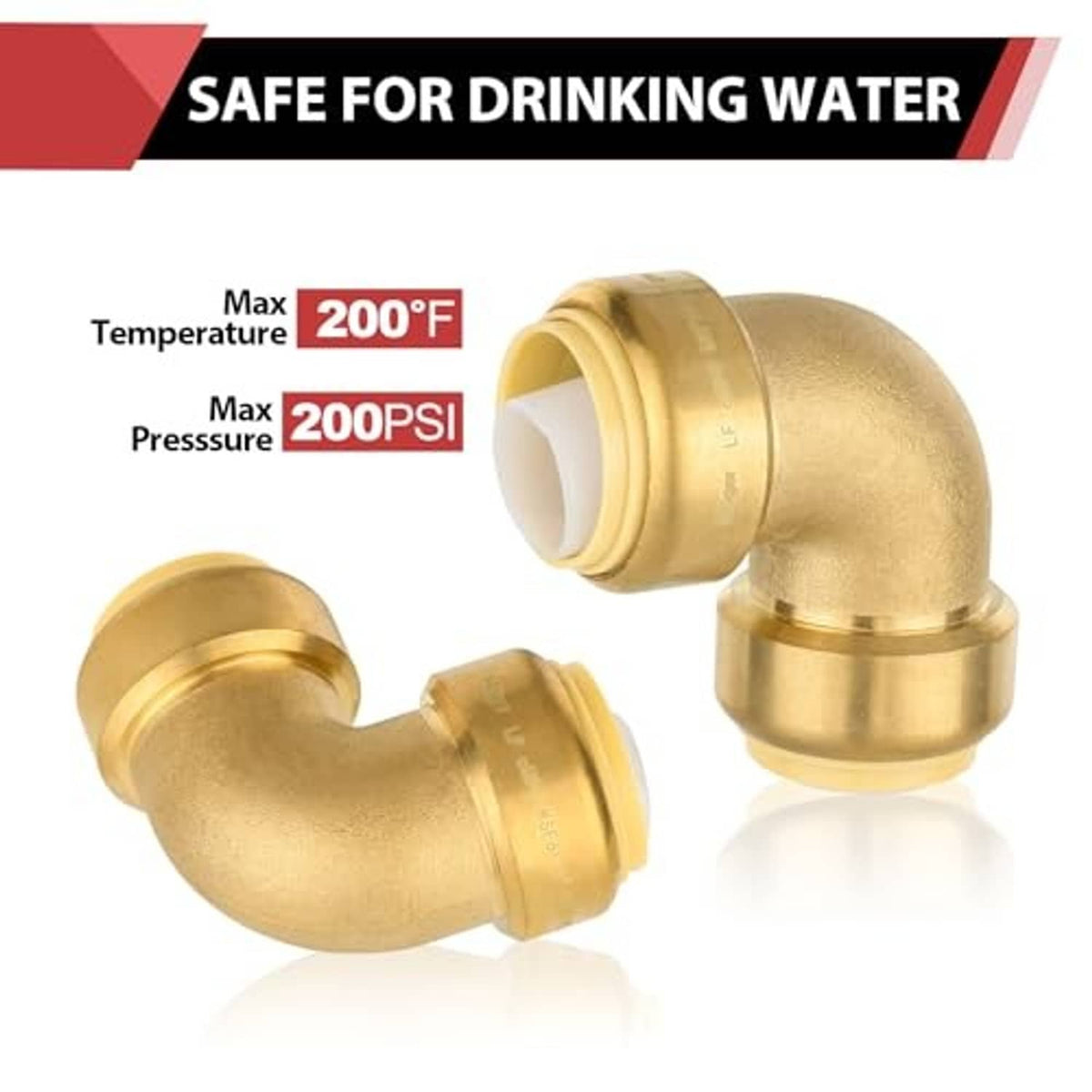 Brass push-to-connect 90-degree elbow fitting with two push ports for plumbing