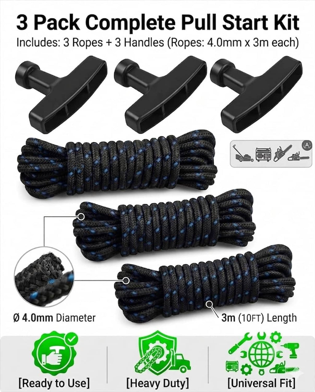 Pull start kit with three black starter handles and dark braided rope with blue strands