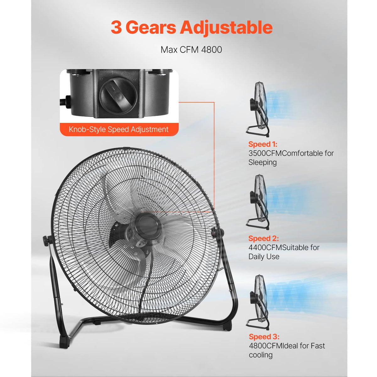 Black adjustable-tilt floor fan with wire grille and speed-control housing